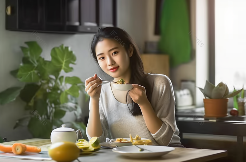 年轻女子在家吃早餐摄影,高清,摄影图,摄影图片,图片大全,摄影图免费下载